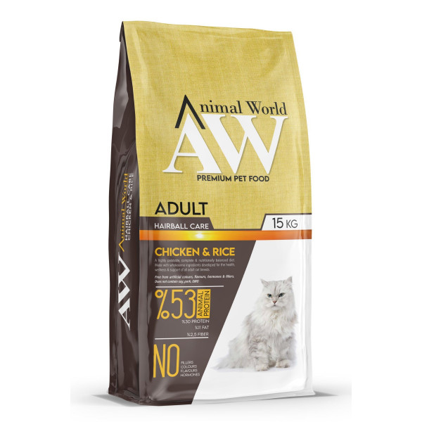 Animal World 15 Kg Premium Tüy Yumağı Önleyici Tavuklu Yetişkin | Yetişkin Kuru Kedi Maması