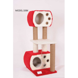 115 Cm Çift Yuvalı Katlı Kedi Tırmalama Kırmızı | Tırmalama Tahtalı Kedi Evi