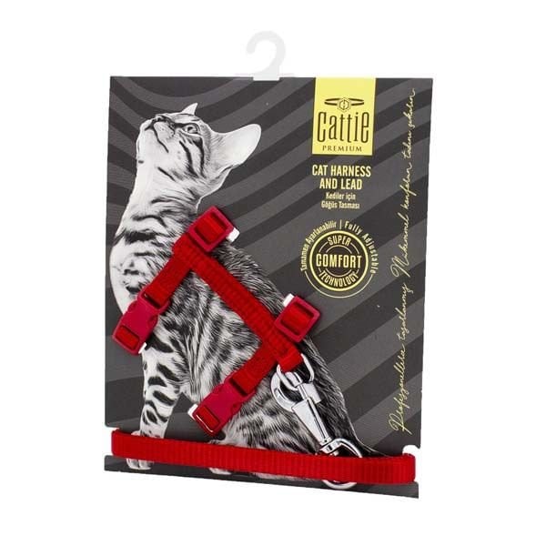 Cattie 1x25-40 Cm Göğüs ve Gezdirme Takımı Kırmızı | Kedi Gezdirme Tasması