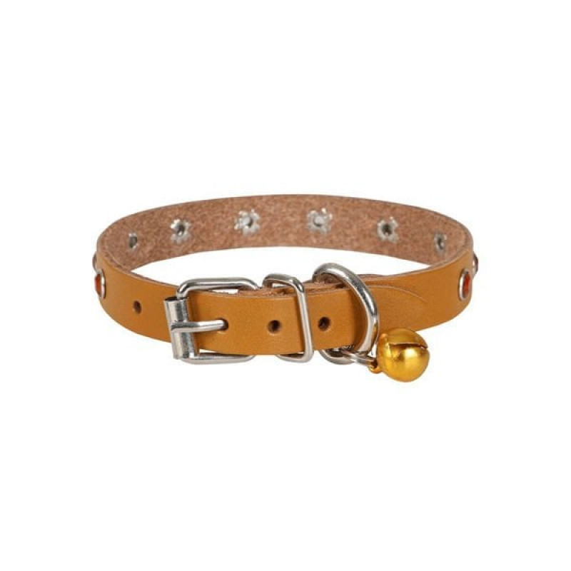 Cattie L Gerçek Deri Taşlı Boyun Tasması Camel 1.2x23-28 Cm | Kedi Boyun Tasması
