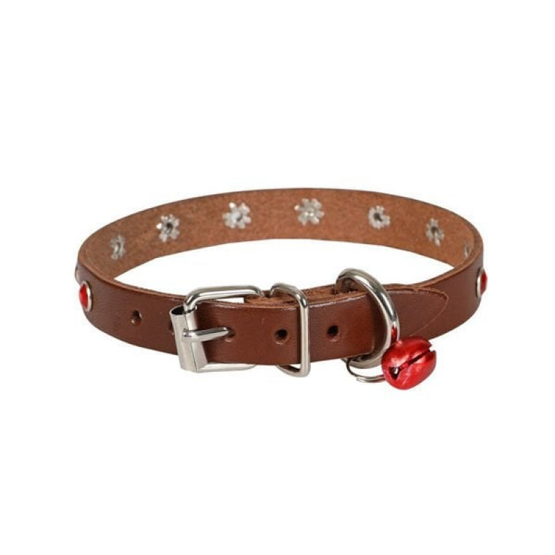 Cattie L Gerçek Deri Taşlı Boyun Tasması Kahverengi 1.2x23-28 Cm | Kedi Boyun Tasması