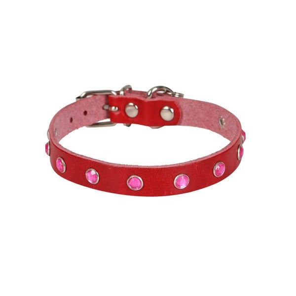 Cattie L Gerçek Deri Taşlı Boyun Tasması Kırmızı 1.2x23-28 Cm | Kedi Boyun Tasması
