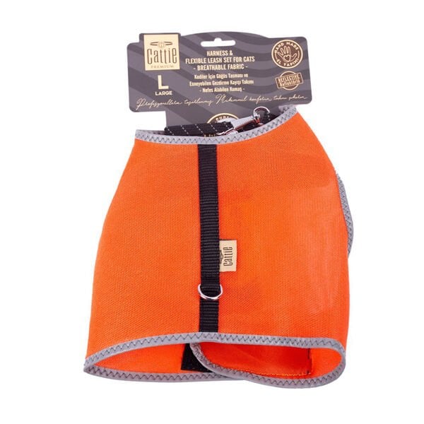 Cattie L Havalı Dokuma Göğüs ve Gezdirme Takımı Turuncu 1.5x30-40 Cm | Kedi Gezdirme Tasması