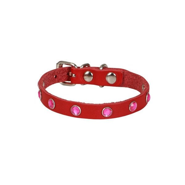 Cattie M Gerçek Deri Taşlı Boyun Tasması Kırmızı 1x20-23 Cm | Kedi Boyun Tasması