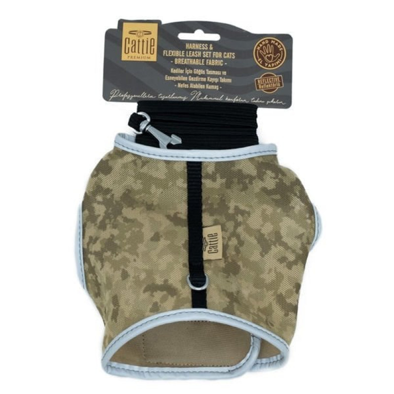 Cattie M Havalı Dokuma Göğüs ve Gezdirme Takımı Kamuflaj 1x25-35 Cm | Kedi Gezdirme Tasması