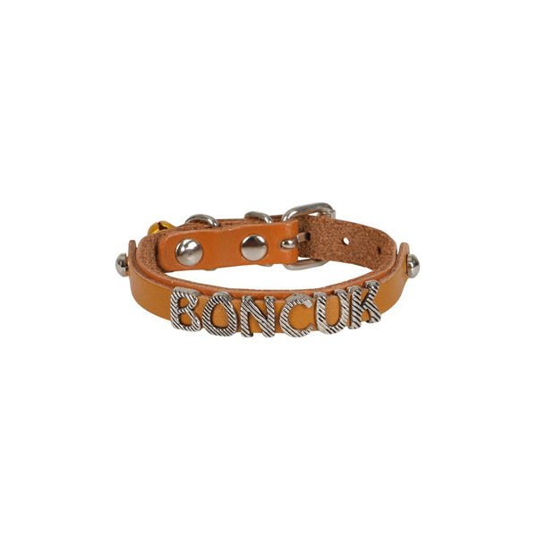 Cattie M İsimlikli El Yapımı Gerçek Deri Boyun Tasması Camel 1x19-23 Cm | Kedi Boyun Tasması