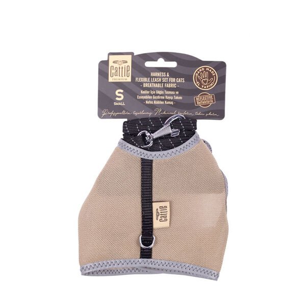 Cattie S Havalı Dokuma Göğüs ve Gezdirme Takımı Bej 1x20-30 Cm | Kedi Gezdirme Tasması