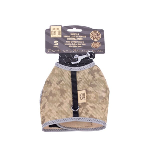 Cattie S Havalı Dokuma Göğüs ve Gezdirme Takımı Kamuflaj 1x20-30 Cm | Kedi Göğüs Tasması