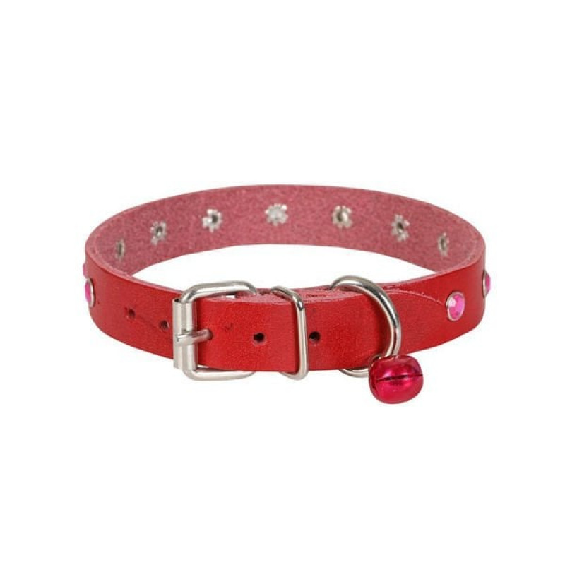 Cattie XL Gerçek Deri Taşlı Boyun Tasması Kırmızı 1.5x26-31 Cm | Kedi Boyun Tasması