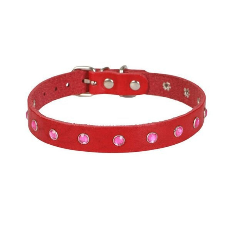 Cattie XXL Gerçek Deri Taşlı Boyun Tasması Kırmızı 1.5x27-33 Cm | Kedi Boyun Tasması
