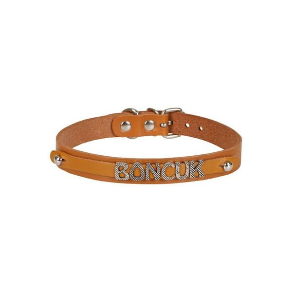 Cattie XXL İsimlikli El Yapımı Gerçek Deri Boyun Tasması Camel 1.5x29-34 Cm | Kedi Boyun Tasması