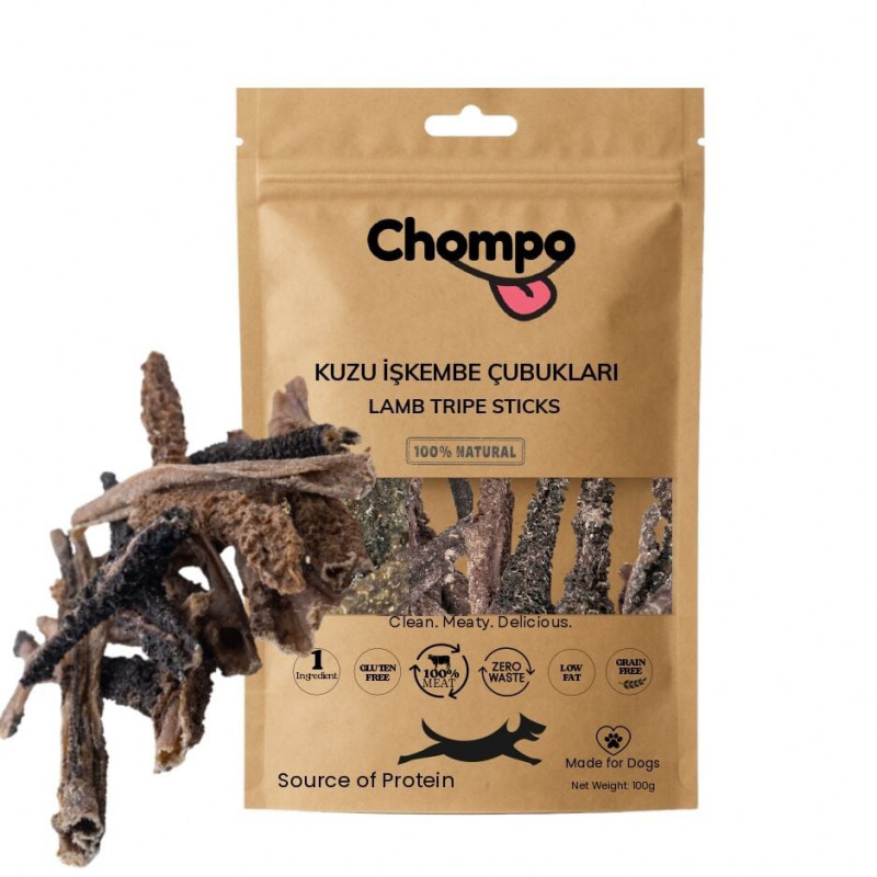 Chompo 100 Gr Kurutulmuş Kuzu İşkembe Şeritleri Köpek Ödül Maması 