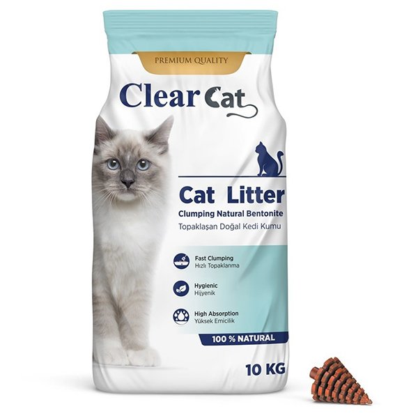 Clear Cat 10 Kg Kokusuz Topaklanan Doğal Bentonit Kedi Kumu İnce | Doğal Kedi Kumu