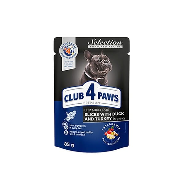 Club 4 Paws 85 Gr Premium Selection Enriched Recipe Adult Soslu Ördek ve Hindi | Yetişkin Köpek Konserve Maması
