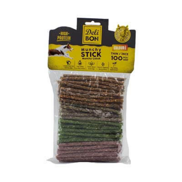 Delibon 100'lü Deri Munchy Çubuk İnce Boy Karışık Renk | Köpek Kemik Ödül Maması