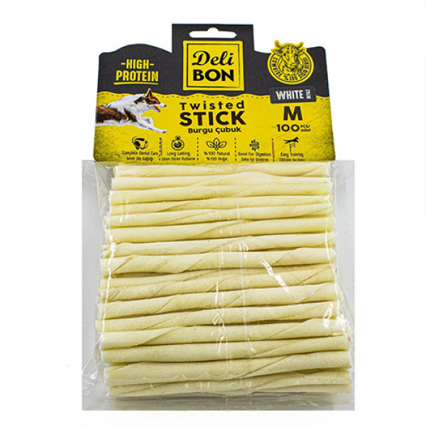 Delibon 100'lü Orta Boy Deri Burgu Çubuk Beyaz | Köpek Atıştırmalık Ödül Maması