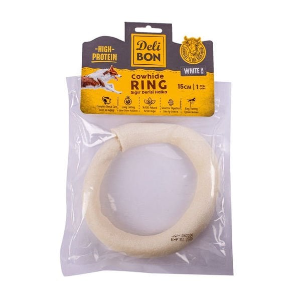 Delibon 15 Cm Sığır Derisi Halka Beyaz | Kurutulmuş Köpek Ödül Maması