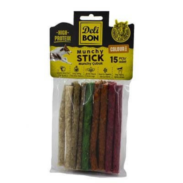 Delibon 15Li Paket  Deri Munchy Çubuk Orta Boy Karışık Renk | Köpek Kemik Ödül Maması