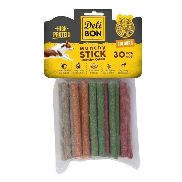 Delibon 30'lu Deri Munchy Çubuk Orta Boy Karışık Renk | Köpek Kemik Ödül Maması
