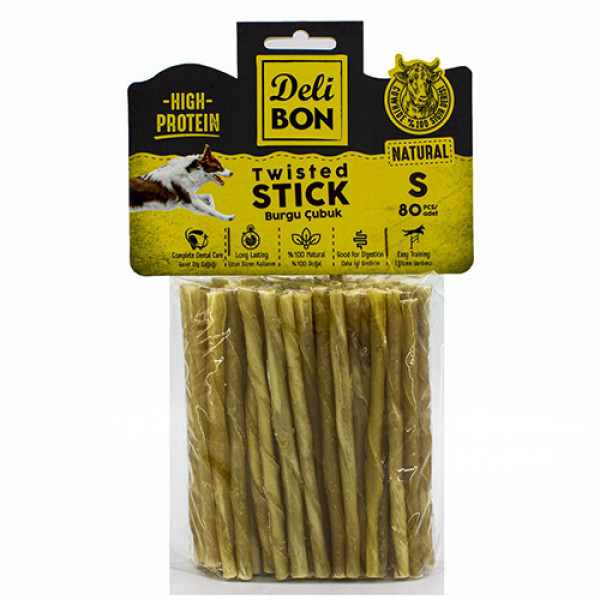 Delibon 80'li İnce Boy Deri Burgu Çubuk Natural | Köpek Atıştırmalık Ödül Maması