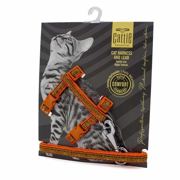 Doggie 1x40 Cm Desenli Göğüs & Gezdirme Takımı Turuncu | Kedi Gezdirme Tasması