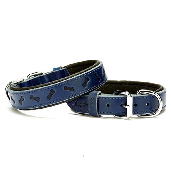 Doggie 2.5x45 Cm Comfort Deri Kemik Desenli Boyun Tasması Medium Mavi