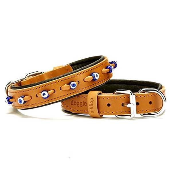 Doggie 2.5x45 Cm Comfort Deri Nazar Boncuklu Boyun Tasması Medium Camel | Köpek Boyun Tasması