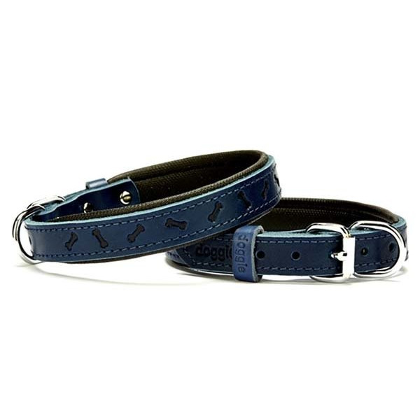 Doggie 2x40 Cm Comfort Deri Kemik Desenli Boyun Tasması Medium Mavi | Köpek Boyun Tasması