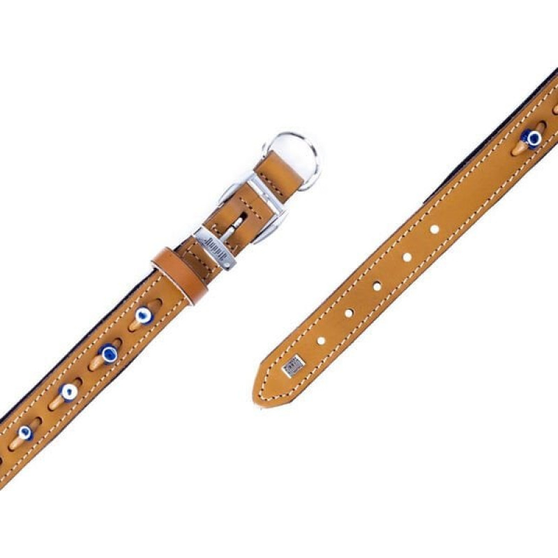 Doggie 2x40 Cm Comfort Deri Nazar Boncuklu Boyun Tasması Medium Camel | Köpek Boyun Tasması