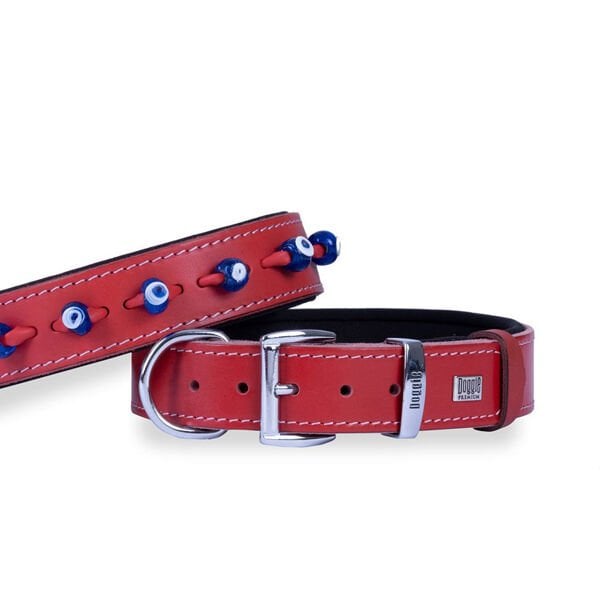 Doggie 3.5x60 Cm Comfort Deri Nazar Boncuklu Boyun Tasması Large Kırmızı | Köpek Boyun Tasması