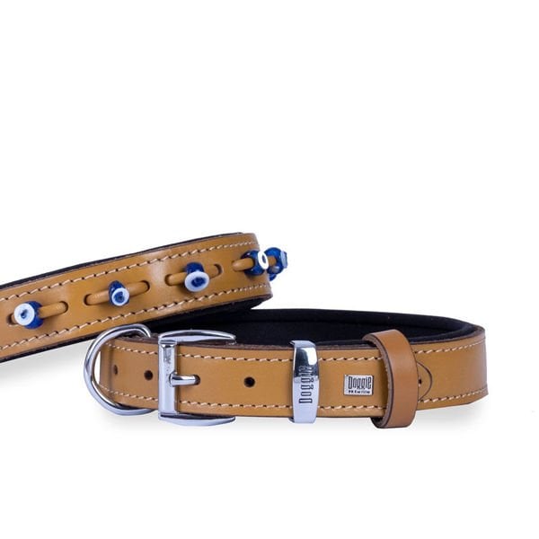 Doggie 3x50 Cm Comfort Deri Nazar Boncuklu Boyun Tasması Medium Camel | Köpek Boyun Tasması