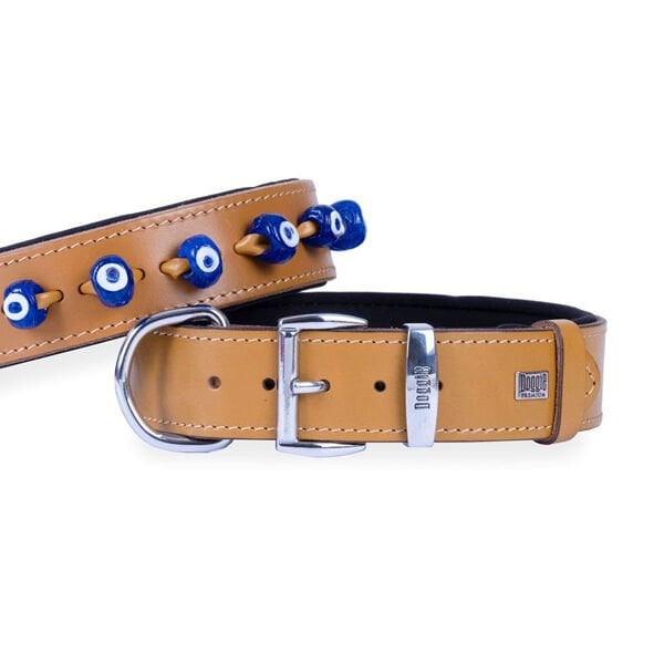Doggie 4x60 Cm Comfort Deri Nazar Boncuklu Boyun Tasması Medium Camel | Köpek Boyun Tasması