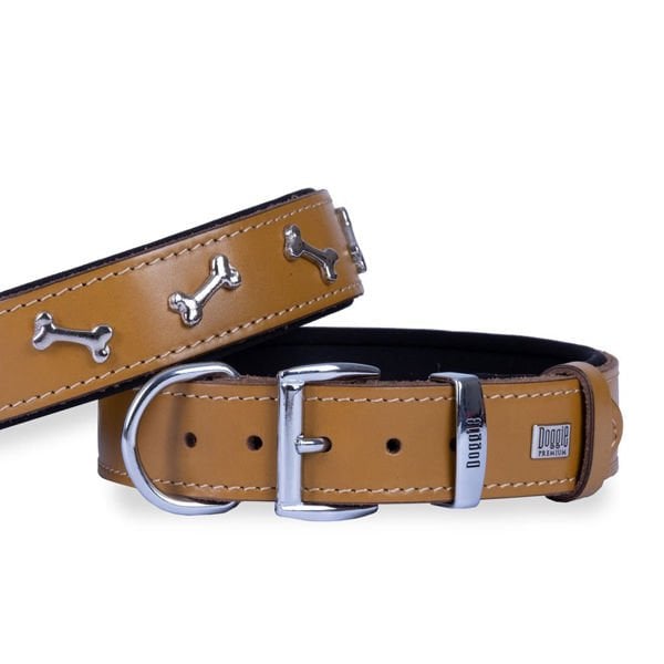 Doggie M Konforlu Gerçek Deriden El Yapımı Kemik Süslü Boyun Tasması Camel 3.5x47-55 Cm | Köpek Boyun Tasması