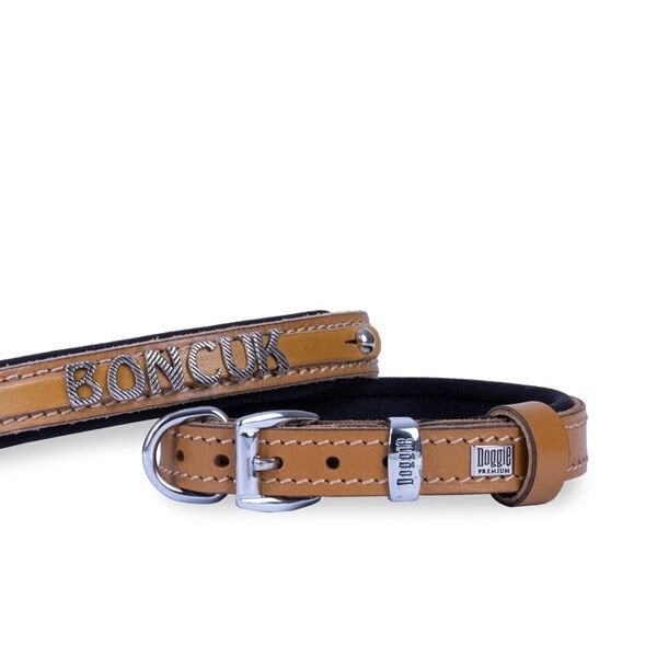 Doggie S Konfor Deri İsimlikli Boyun Tasması Camel 1.5x20-25 Cm | Köpek Boyun Tasması