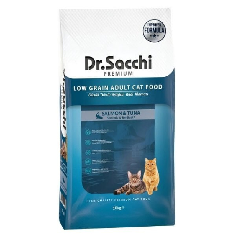 Dr.Sacchi Premium 10 Kg Somonlu ve Ton Balıklı Düşük Tahıllı Yetişkin Kedi Maması 