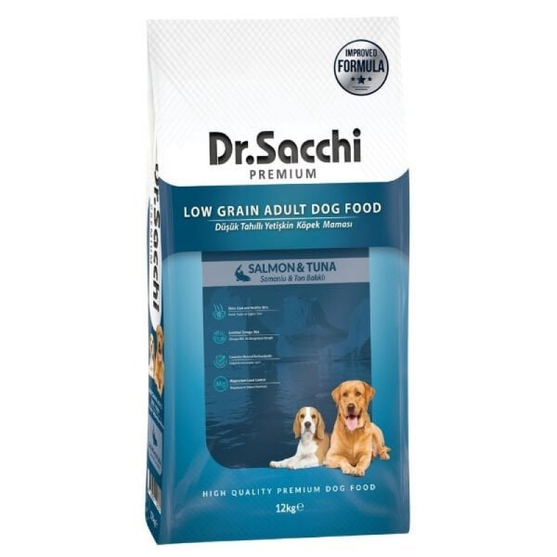 Dr.Sacchi Premium 12 Kg Somonlu ve Ton Balıklı Düşük Tahıllı Yetişkin Köpek Maması 