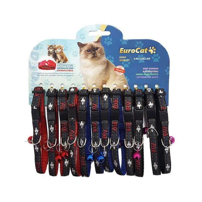 Euro Cat 28 Cm 1 Mm 12 Adet Balık Desenli Çıngıraklı Boyun Kırmızı Mavi Siyah | Kedi Boyun Tasması Euro Cat 28 Cm 1 Mm 12 Adet Balık Desenli Çıngıraklı Boyun Kırmızı Mavi Siyah | Kedi Boyun Tasması