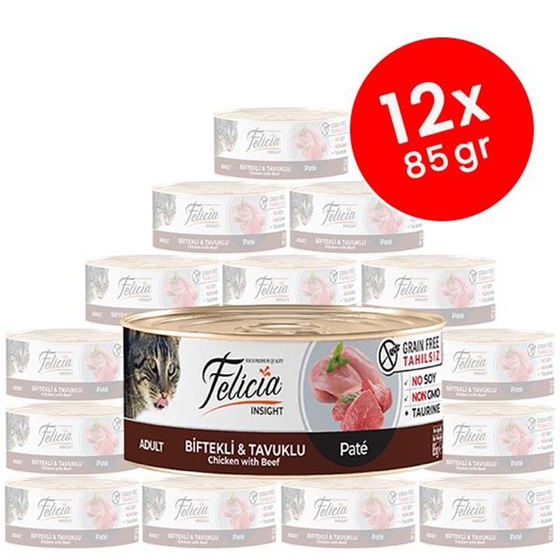 Felicia 12 Adet Tahılsız Kıyılmış Biftek & Tavuk 85 Gr | Sığır Etli Yaş Kedi Maması Felicia 12 Adet Tahılsız Kıyılmış Biftek & Tavuk 85 Gr | Sığır Etli Yaş Kedi Maması