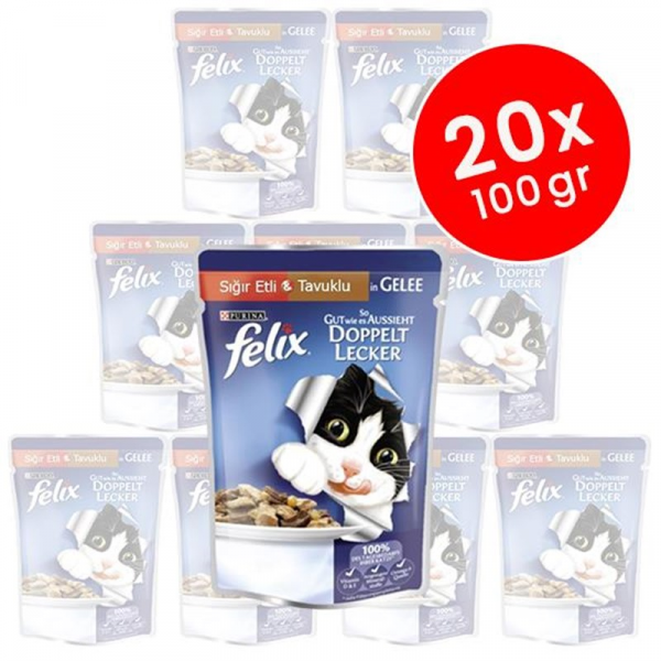 Felix 20 Adet Yetişkin Sığır Etli & Kanatlı Etli 100 Gr | Yetişkin Kedi Maması