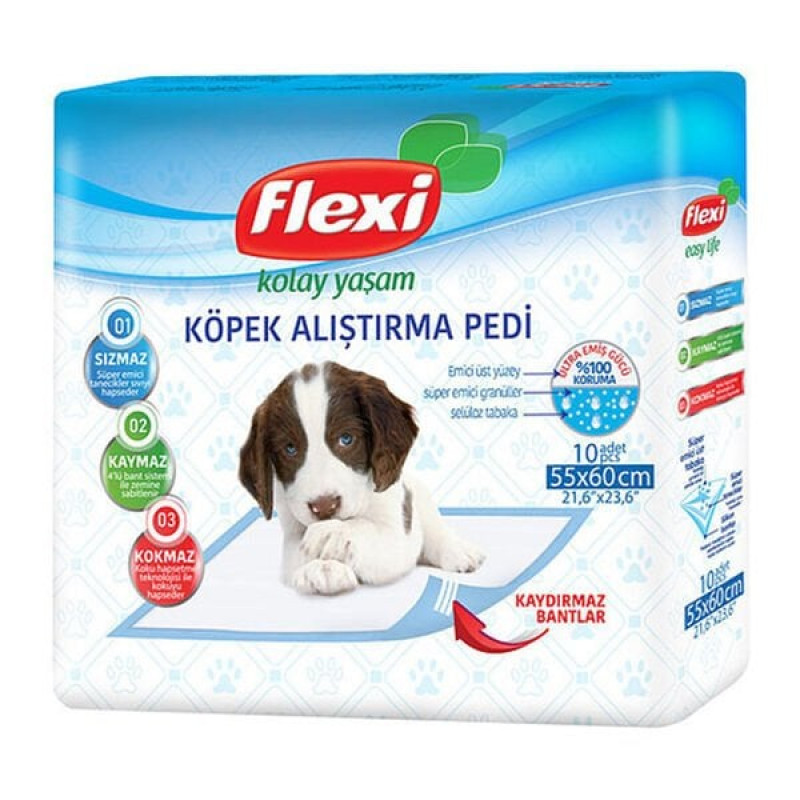 Flexi 10'lu Kaydırmaz Bantlı Çiş Pedi 55x60 Cm | Köpek Çiş Alıştırma Pedi Flexi 10'lu Kaydırmaz Bantlı Çiş Pedi 55x60 Cm | Köpek Çiş Alıştırma Pedi