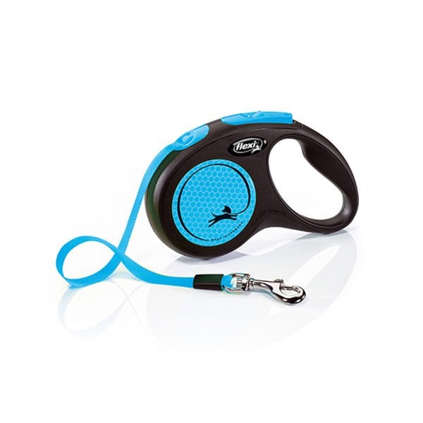 Flexi 5 Mt S Neon Reflektörlü Şerit Otomatik Gezdirme Mavi | Otomatik Köpek Tasması