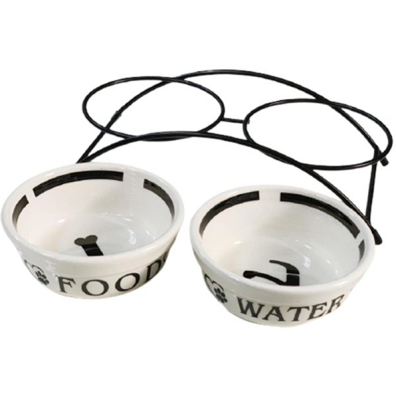 Gold 12 Cm İkili Seramik Metal Ayaklı Beyaz 2x0.3 Lt | İkili Mama Ve Su Kabı