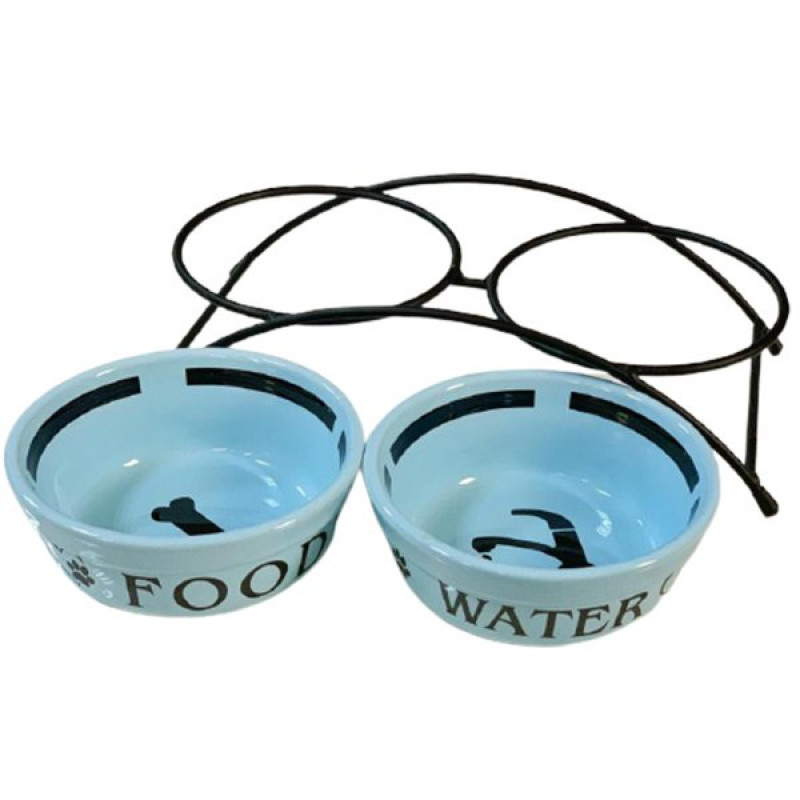 Gold 12 Cm İkili Seramik Metal Ayaklı Mavi 2x0.3 Lt | İkili Mama Ve Su Kabı