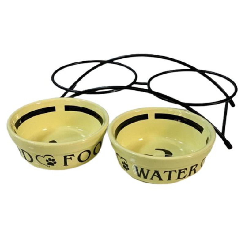 Gold 12 Cm İkili Seramik Metal Ayaklı Sarı 2x0.3 Lt | İkili Mama Ve Su Kabı