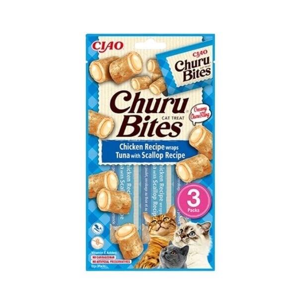 Inaba 3 Adet Ciao Churu Bites Tavuk Deniz Tarağı ve Ton 10 Gr | Kedi Atıştırmalık Ödül Maması