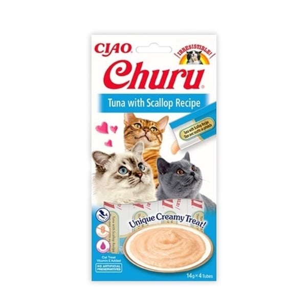 Inaba 4 Adet Ciao Churu Cream Ton ve Deniz Tarağı 14 Gr | Kedi Sıvı Ödül Maması