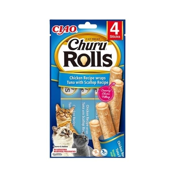 Inaba 4 Adet Ciao Churu Rolls Sticks Tavuk Sargılı Deniz Tarağı ve Ton 10 Gr | Stick Kedi Ödül Maması