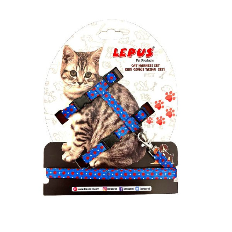 Lepus 34x26x6 Cm Pati Desenli Göğüs & Gezdirme Takımı Mavi | Kedi Gezdirme Tasması