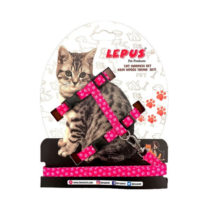Lepus 34x26x6 Cm Pati Desenli Göğüs & Gezdirme Takımı Pembe | Kedi Gezdirme Tasması