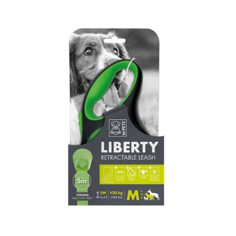 M-Pets 5 Mt Liberty Otomatik Şerit Gezdirme Kayışı M Yeşil | Köpek Gezdirme Tasması